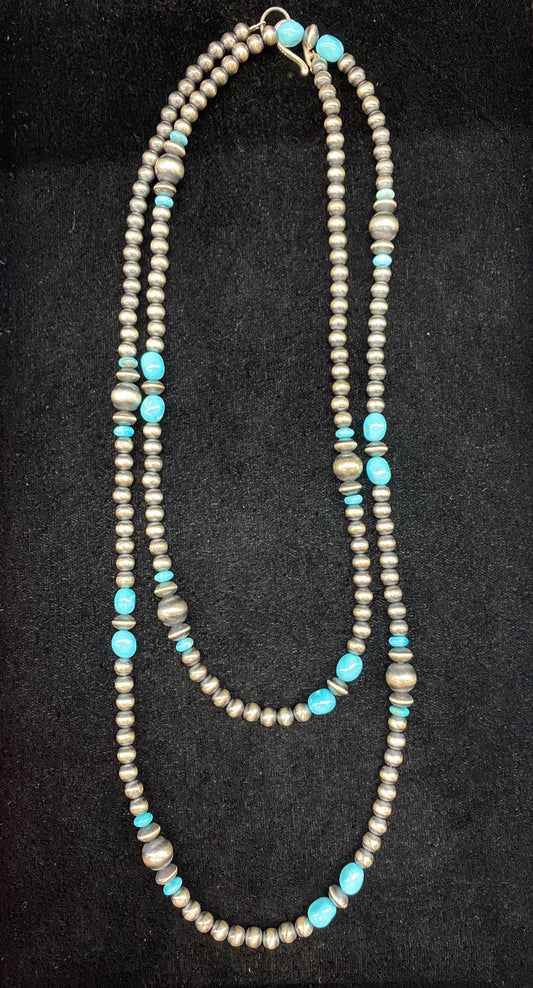 50" Navajo Pearl, Navajo Saucer, and Sleeping Beauty Turquoise Bead Necklace