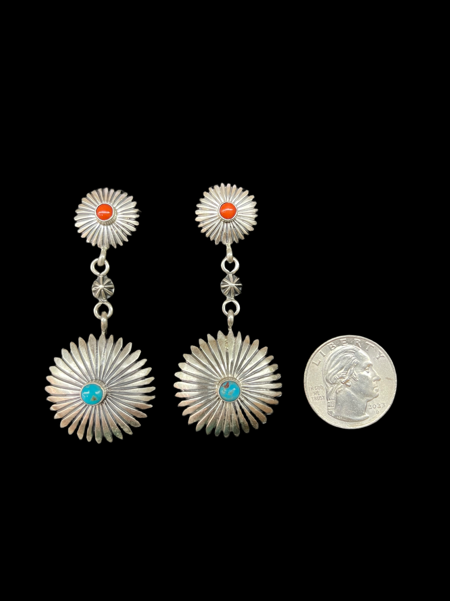 Double Concho Dangle Earring With Kingman Turquoise and Red Coral by Verley Betone, Navajo