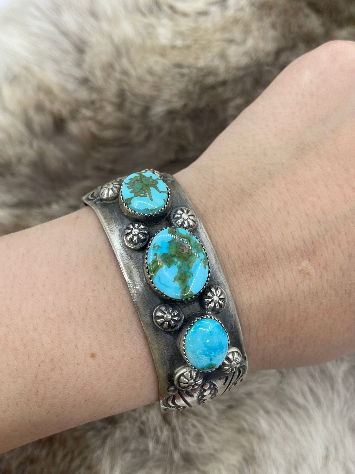 6.75" 3 Stone Sonoran Gold Turquoise Bracelet by Delbert Secatero, Navajo