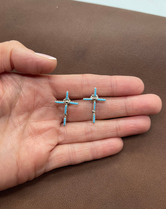 Sleeping Beauty Turquoise Needlepoint Cross Post Earrings by Olivia Pinto, Zuni