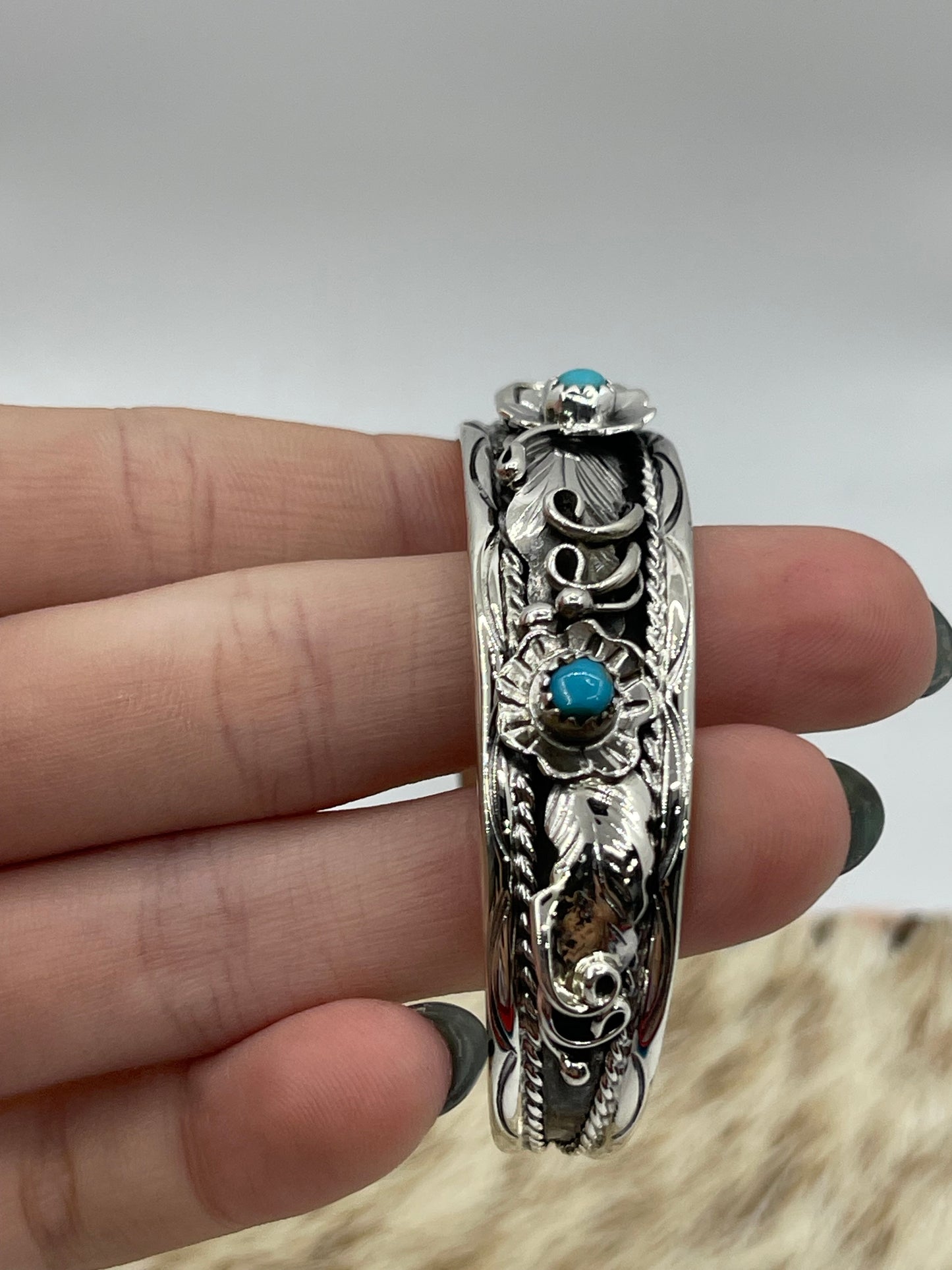 5 3/4"-7" Turquoise Floral Cuff by Bessie Joe, Navajo