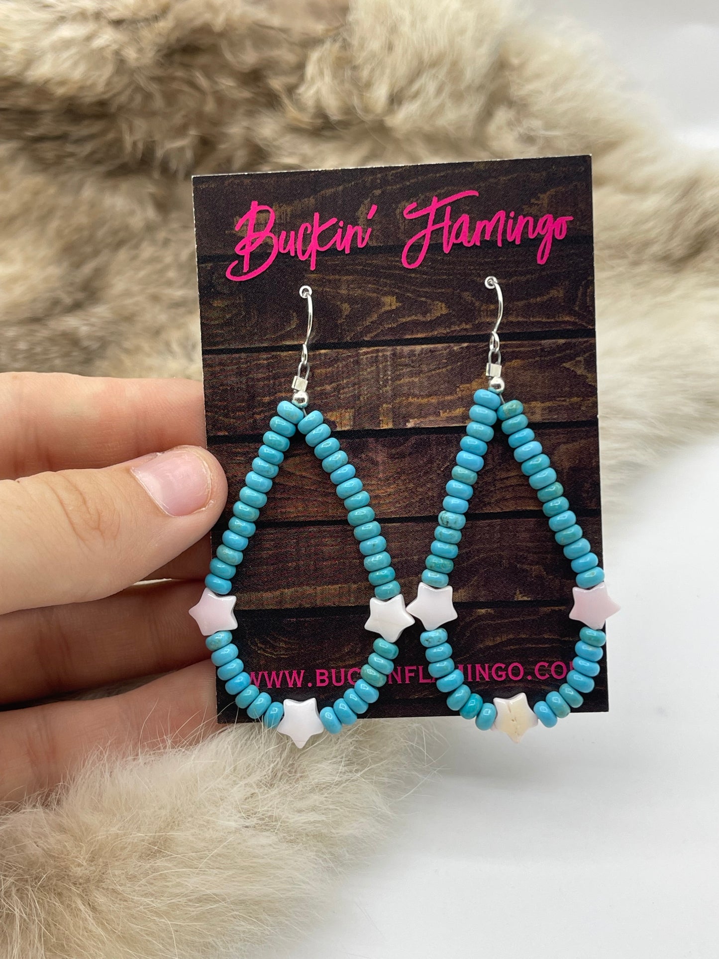 Turquoise With Pink Conch Shell Star Teardrop Earrings