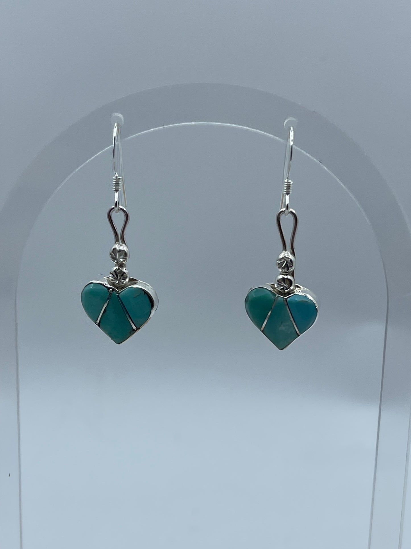 LOT 53 B 1/25    Inlaid Turquoise Heart Dangle Earrings by Ola Eriacho, Zuni