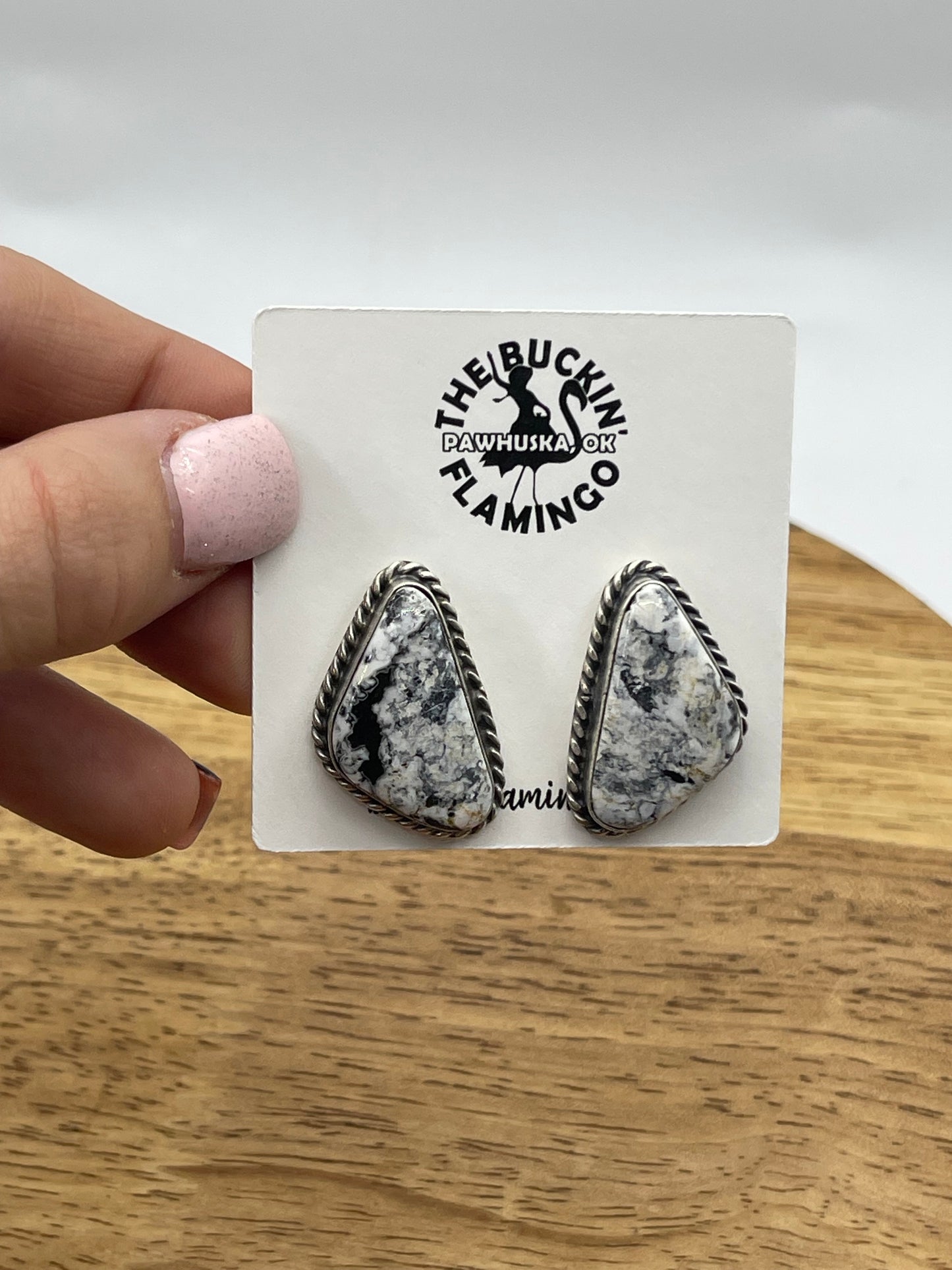 White Buffalo Triangle Post Earrings by Elouise Kee, Navajo