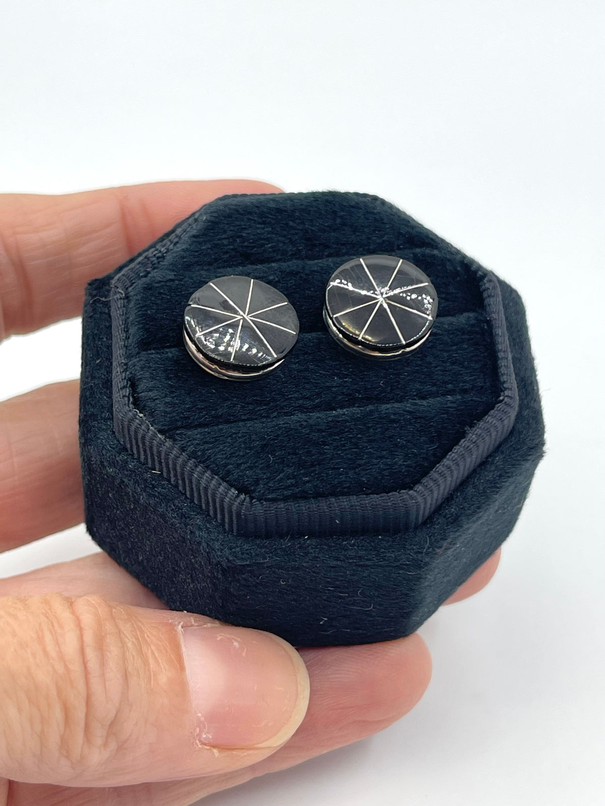 LOT 67 D 7/26 Black Onyx Inlay Earrings Center by Johnson Laweka, Zuni