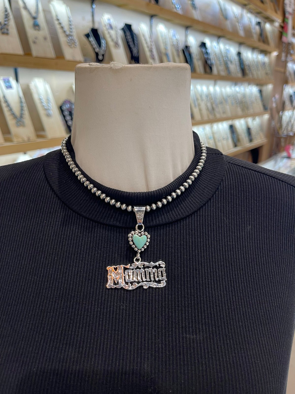 5mm 16” Momma Necklace with Turquoise Heart Pendant by Michael Yazzie, Navajo