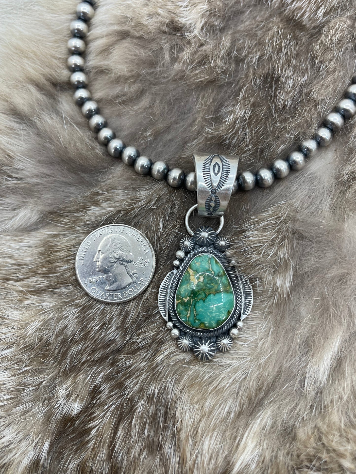 Sonoran Gold Turquoise Pendant with 18" 6mm Navajo Style Pearls by Tom Lewis, Navajo