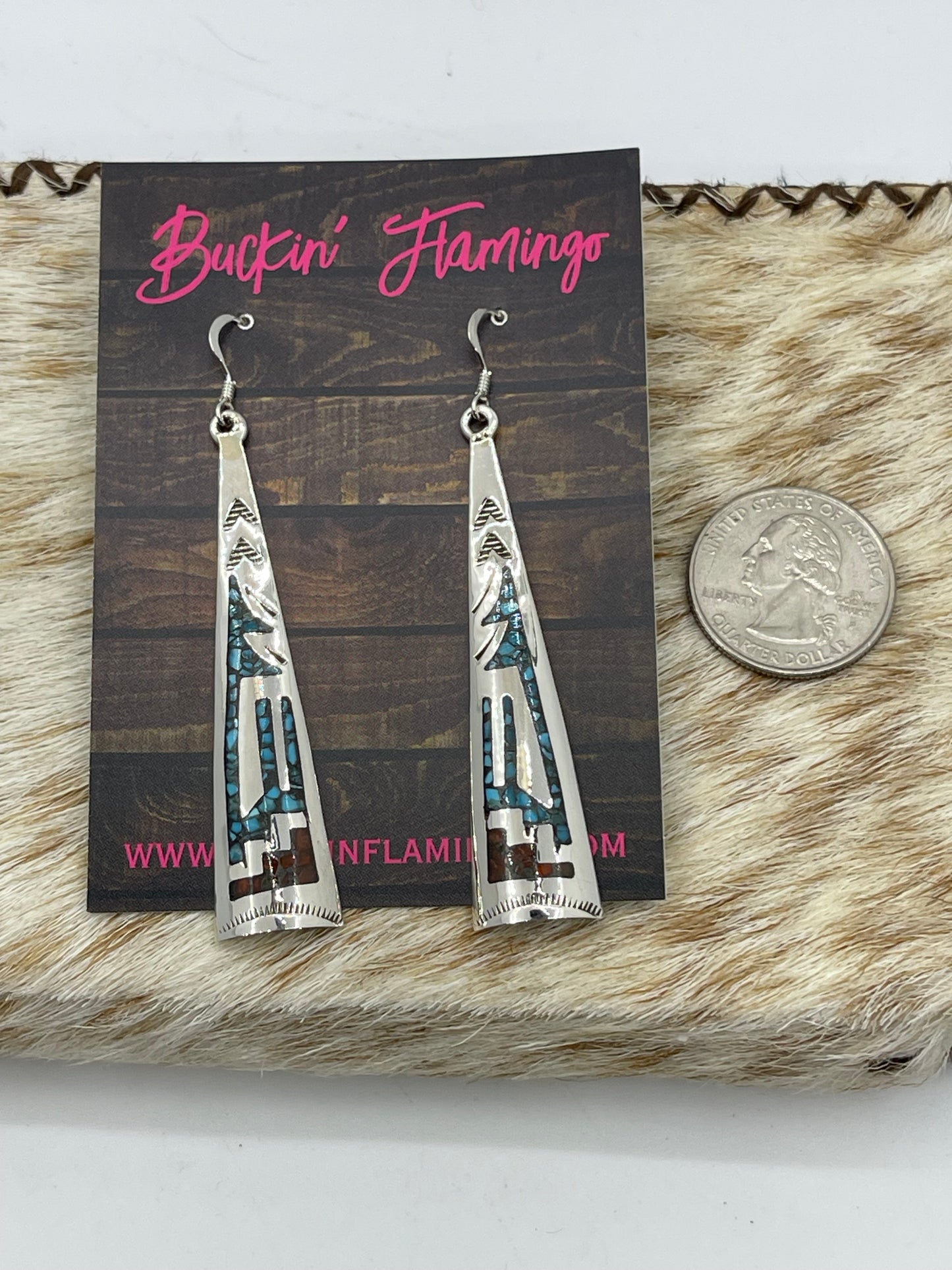Turquoise and Coral Chip Inlay Dangle Earrings by Jolene Yazzie, Navajo
