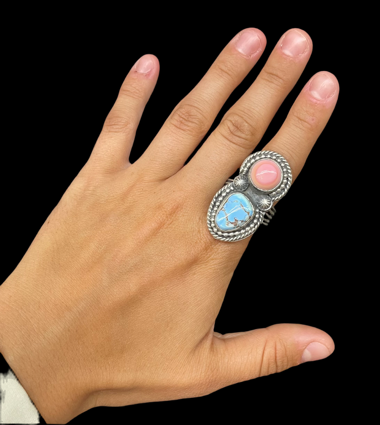 10.0 Pink Conch Shell and Golden Hills Turquoise Ring by Boyd Ashley, Navajo