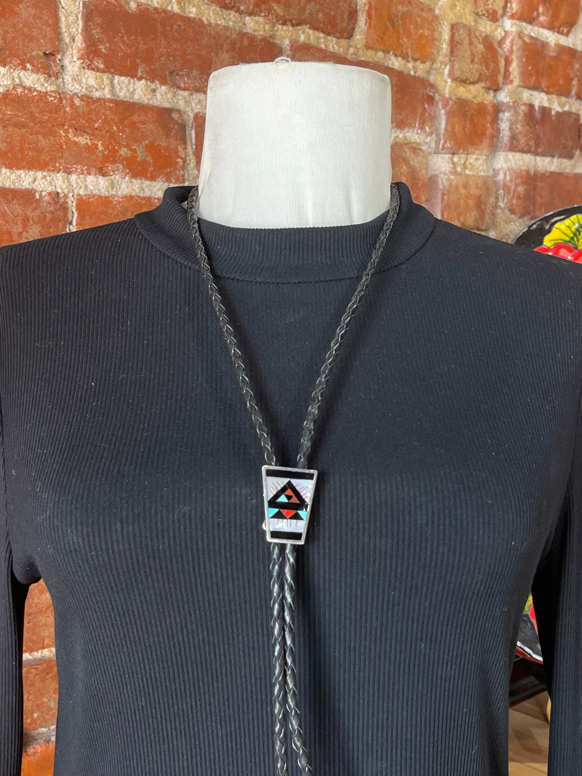 Mop, Coral, Turquoise and Onyx Bolo Tie