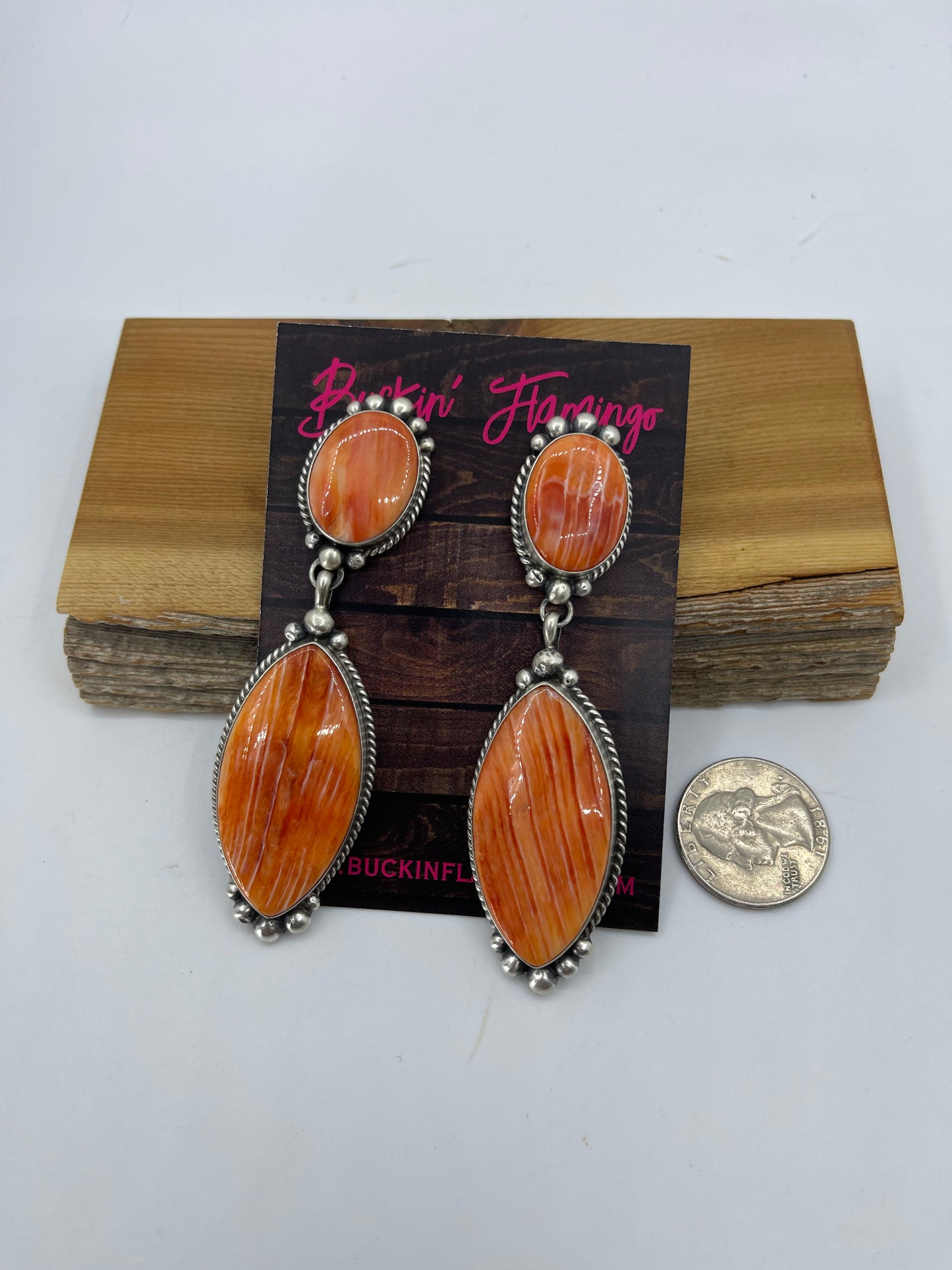 3 1/2" 2 Stone Orange Spiny Oyster Shell Post Dangle Earrings by Elouise Kee, Navajo