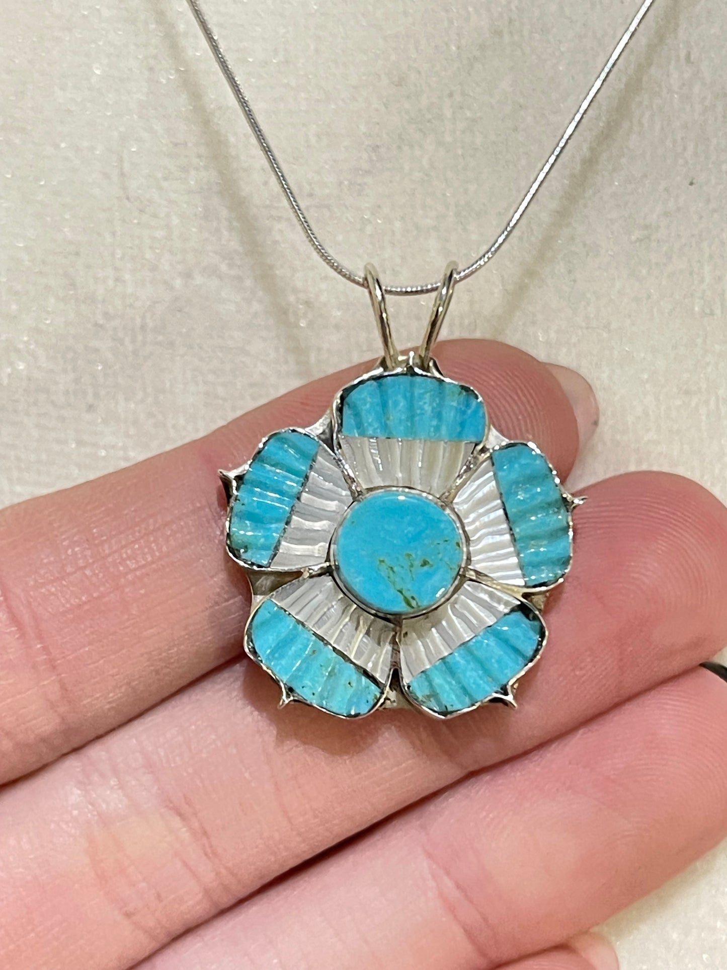 16" Turquoise and Mother of Pearl Flower Pendant Necklace with a 3mm Bale by Marsha Quam, Zuni