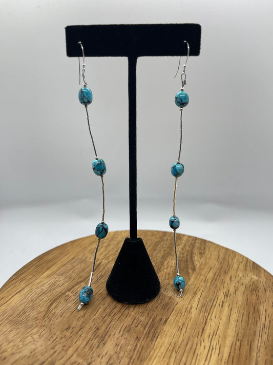 5 1/2" Long Egyptian Turquoise on Liquid Silver Dangle Earrings