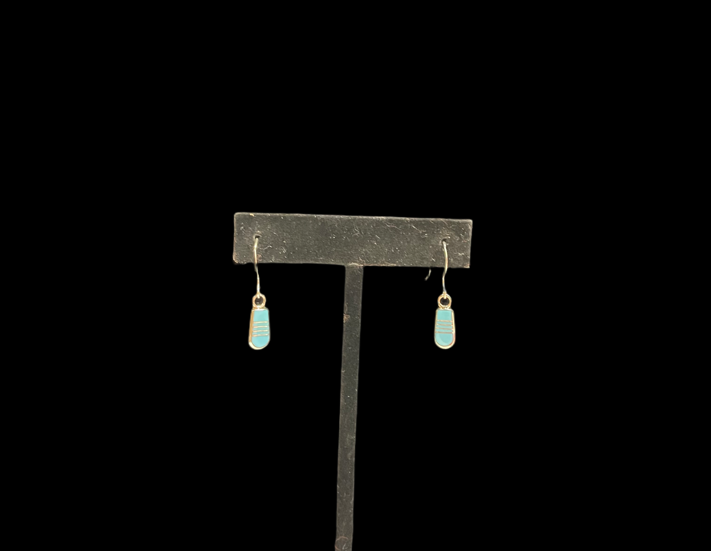 Dainty Sleeping Beauty Turquoise Inlay Dangle Earrings by Valentine Laate, Zuni