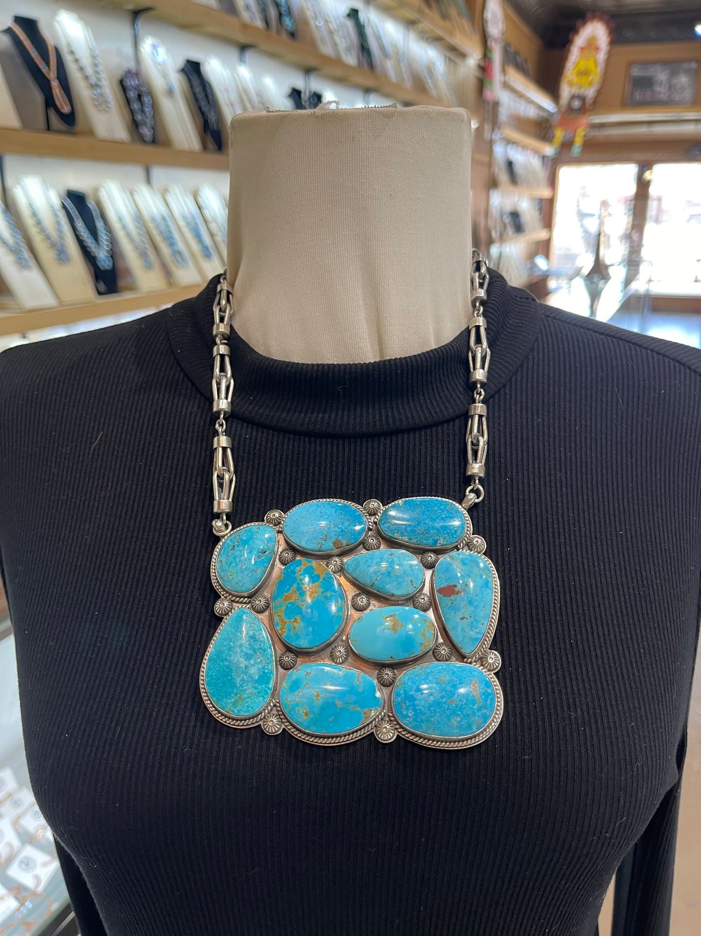 18" 10 Stone Kingman Turquoise Cluster Necklace by Gilbert Platero, Navajo