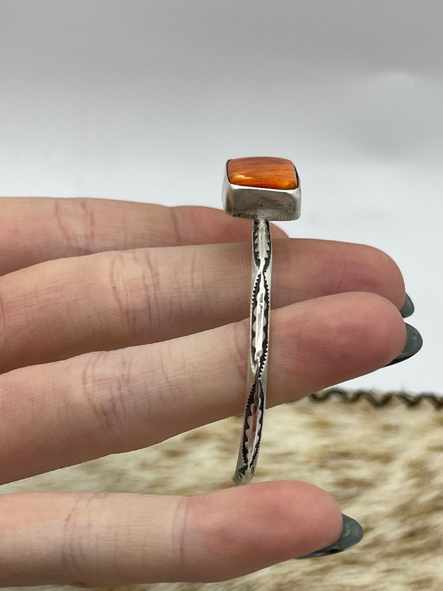 5 1/4"-7 1/2" Orange Spiny Oyster shell Triangle Wire Cuff by Judith Dixon, Navajo