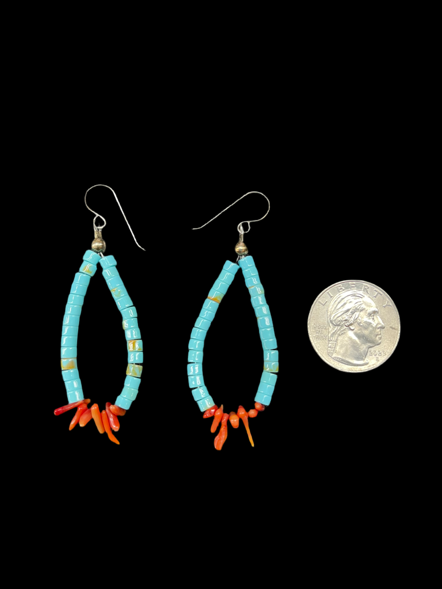 Turquoise Bead and Natural Red Coral Tear Drop Earrings