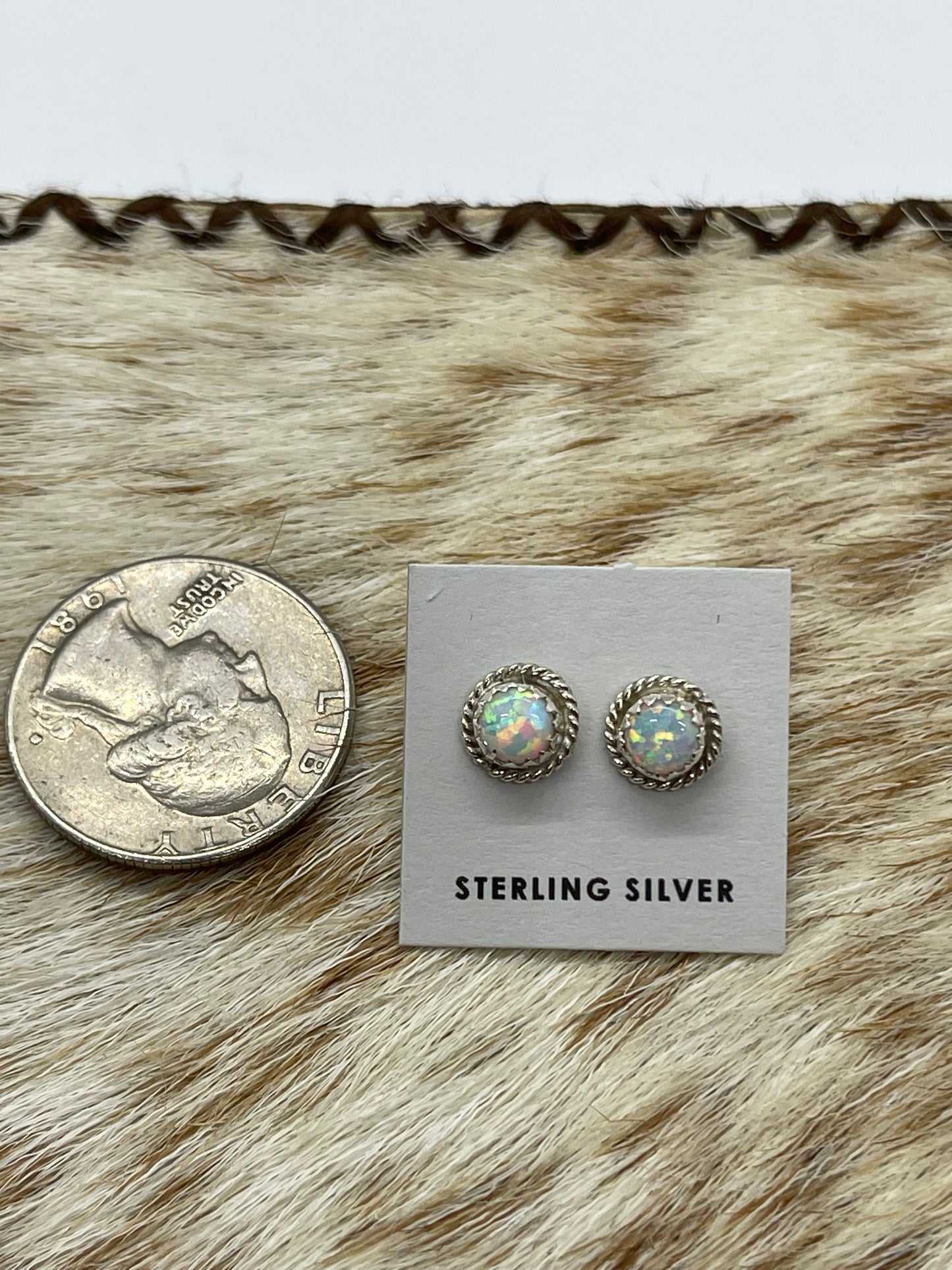 Small Round White Opal Post Earrings by Larson Chee, Navajo