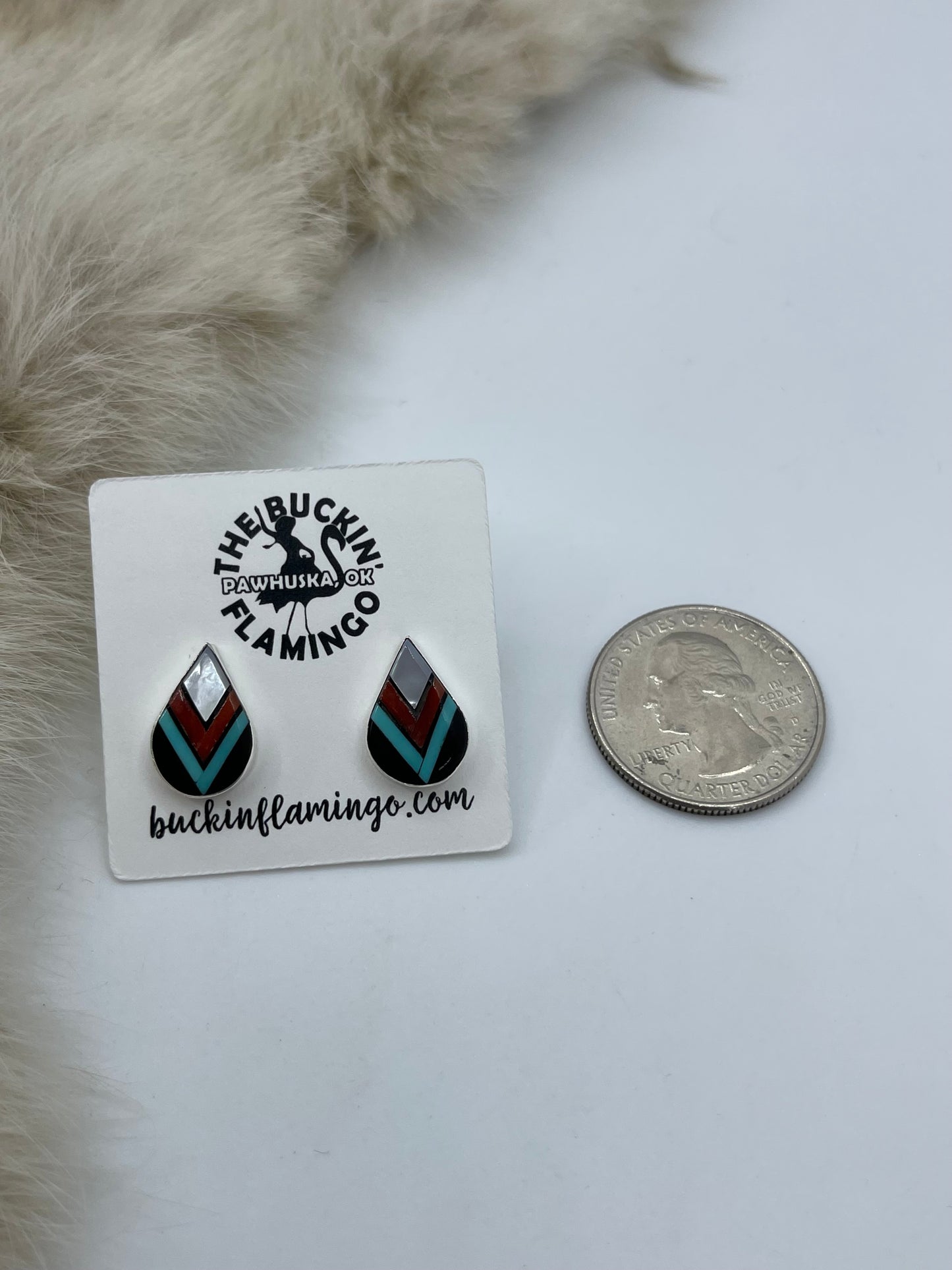 Teardrop Post Earrings with Chevron Inlay by James Cheama, Zuni
