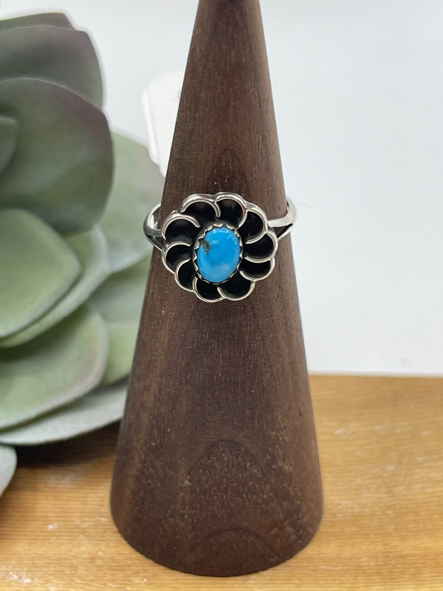 4.0 Turquoise Flower Style Ring by Sadie Jim, Navajo