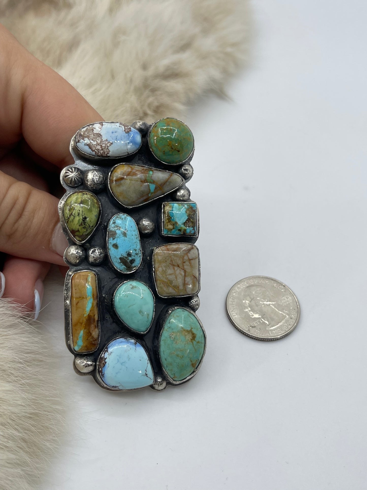 Adjustable Golden Hills, Boulder Ribbon, & Kingman Turquoise Cluster Ring by Boyd J. Ashley, Navajo