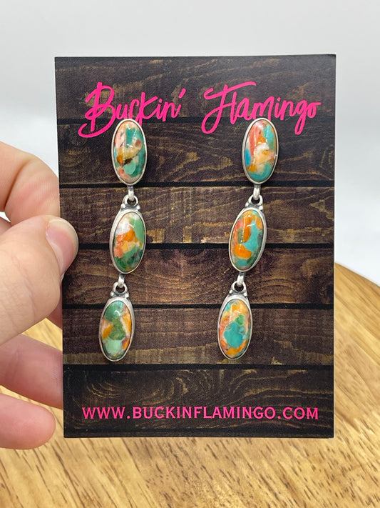 3 Stone Orange Crush Dangle Post Earrings