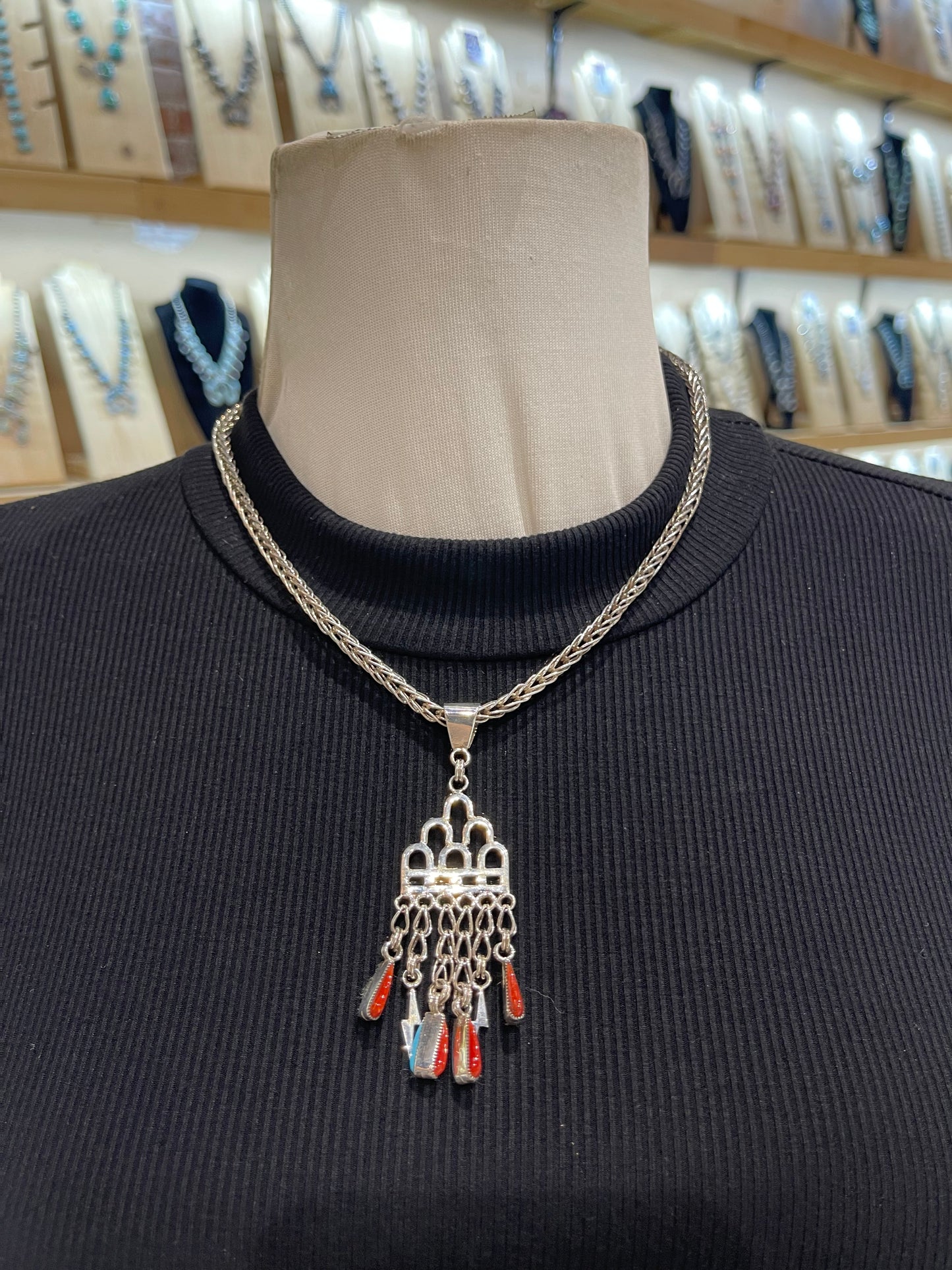 18" Handmade Chain Reversible Coral & Turquoise Rain Cloud Necklace by Smokey Gchachu, Zuni