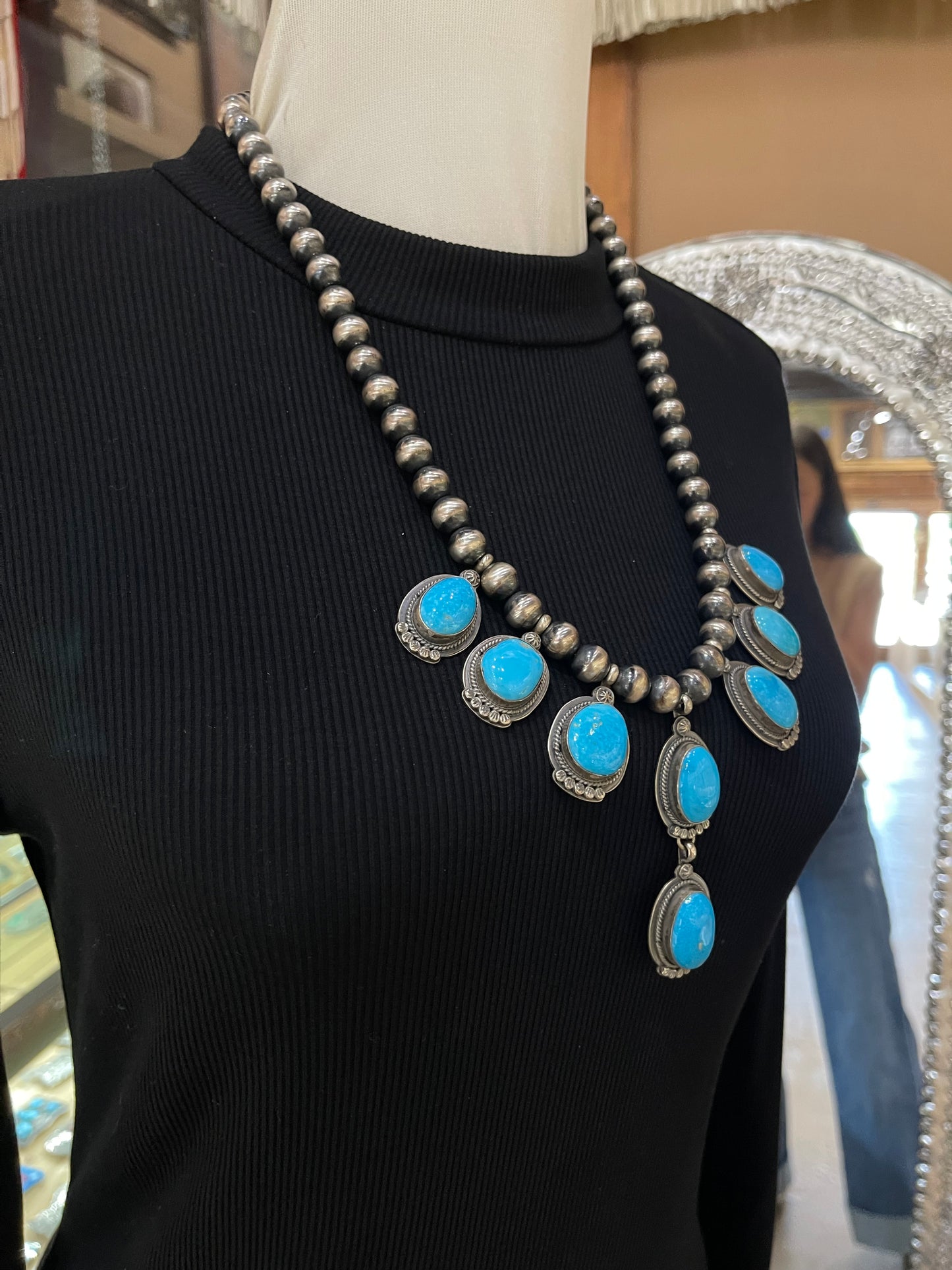 24"+3" 8 Stone Turquoise Lariat Necklace with Navajo Pearls by Gilbert Platero, Navajo