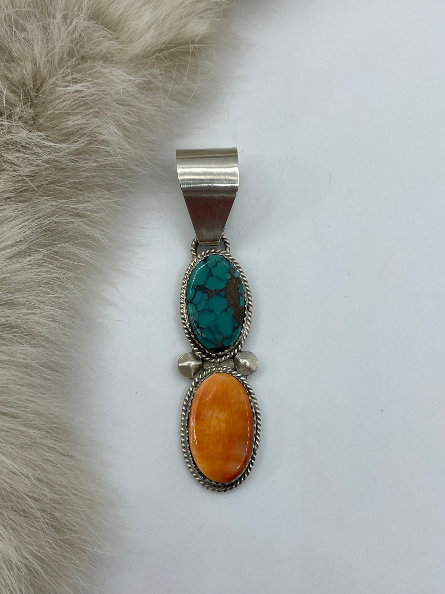 Orange Spiny Oyster & Turquoise 2 Stone Pendant by Selina Warner, Navajo