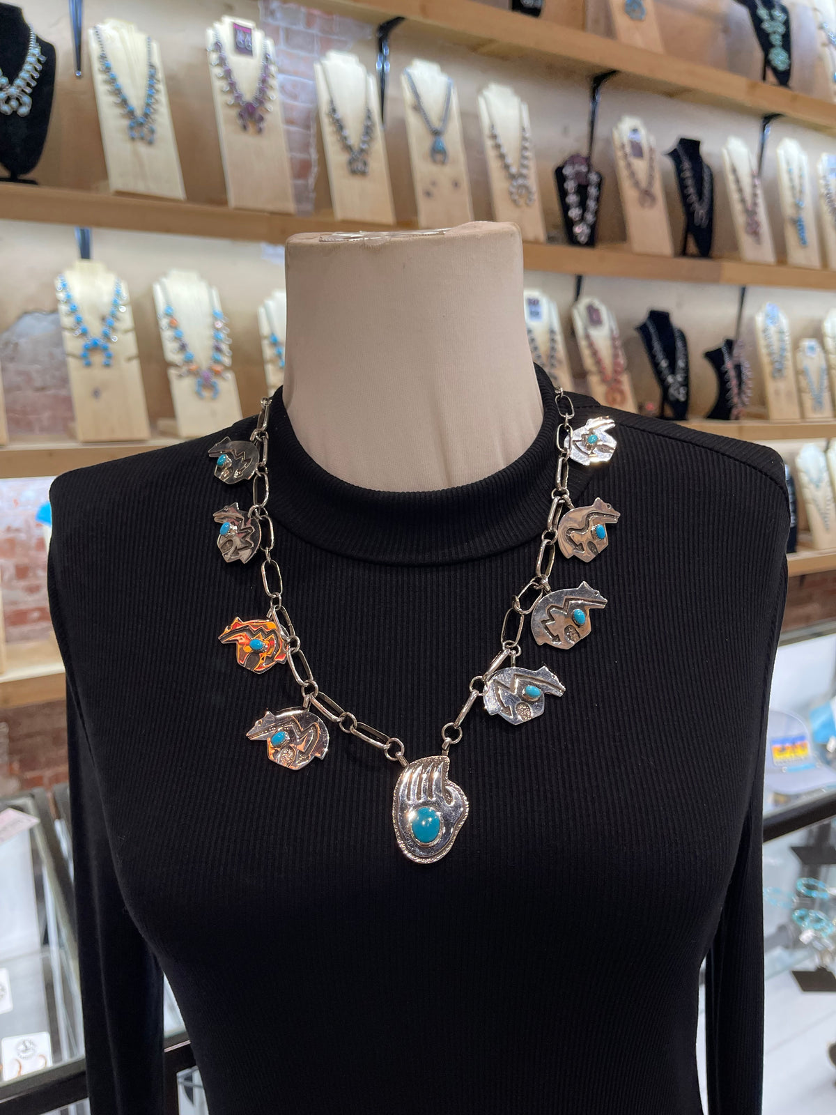 22" Bear Necklace on Handmade Paperclip Chain Neckalce+Earrings set by Marie Jackson, Navajo