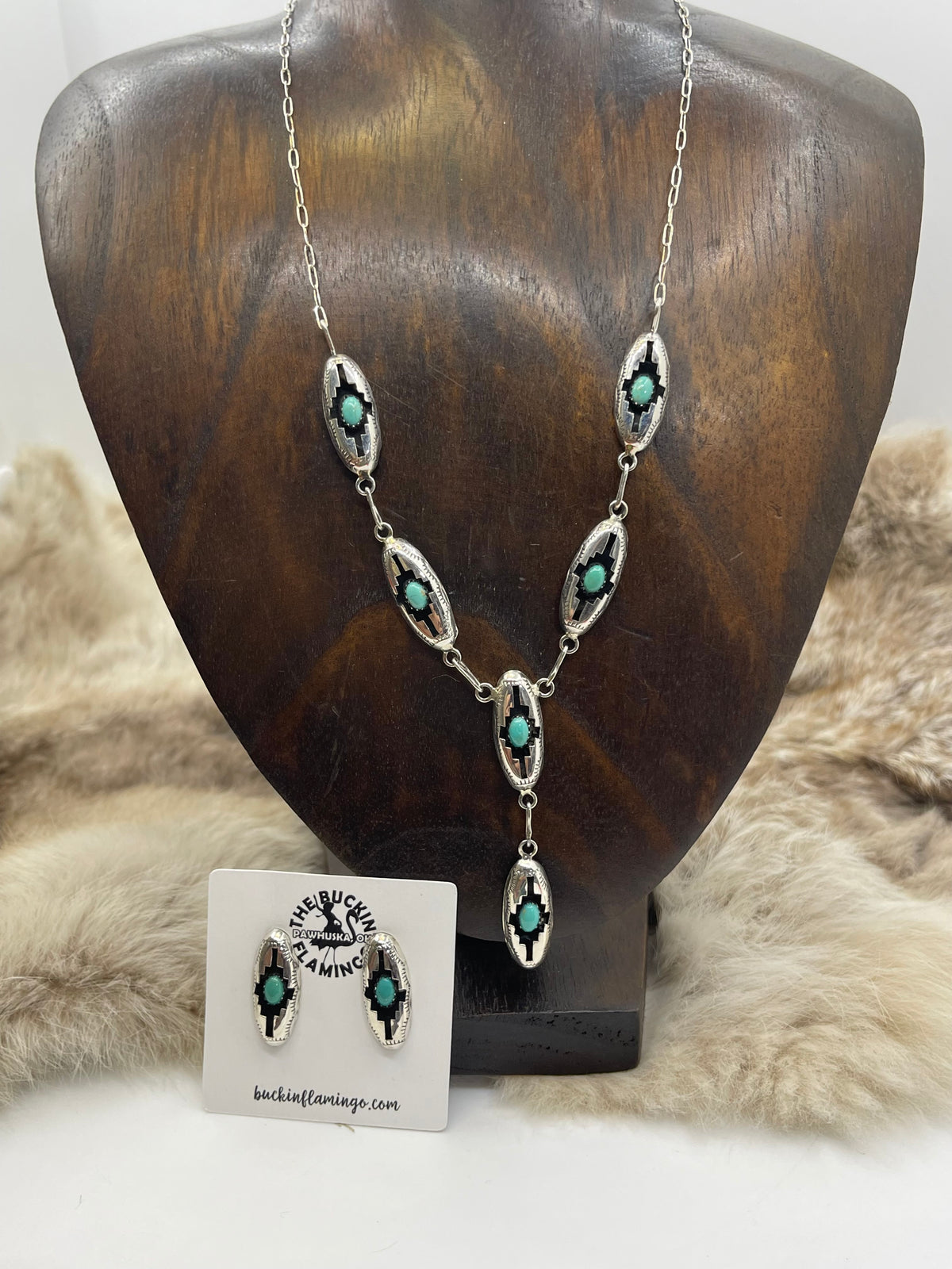 18" + 2.5" Drop Shadowbox Turquoise Lariat Necklace & Earring Set by Felix Perry, Navajo