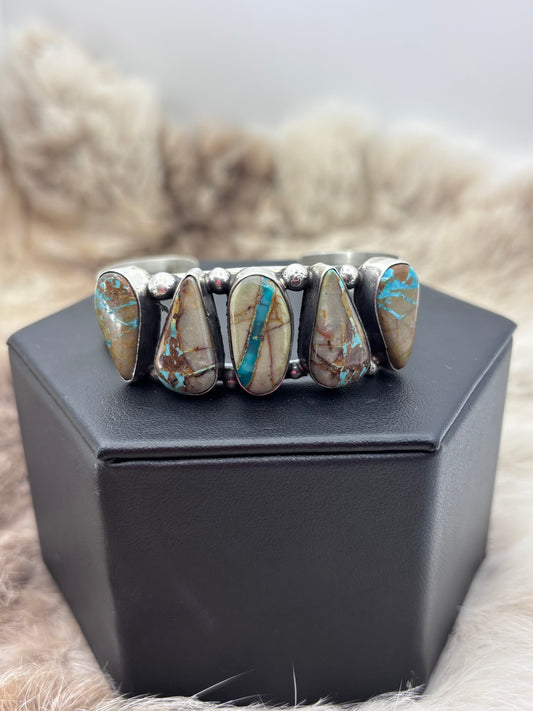 5.5" 7.25" 5 Stone Cuff Boulder Ribbon Turquoise by Augustine Largo, Navajo
