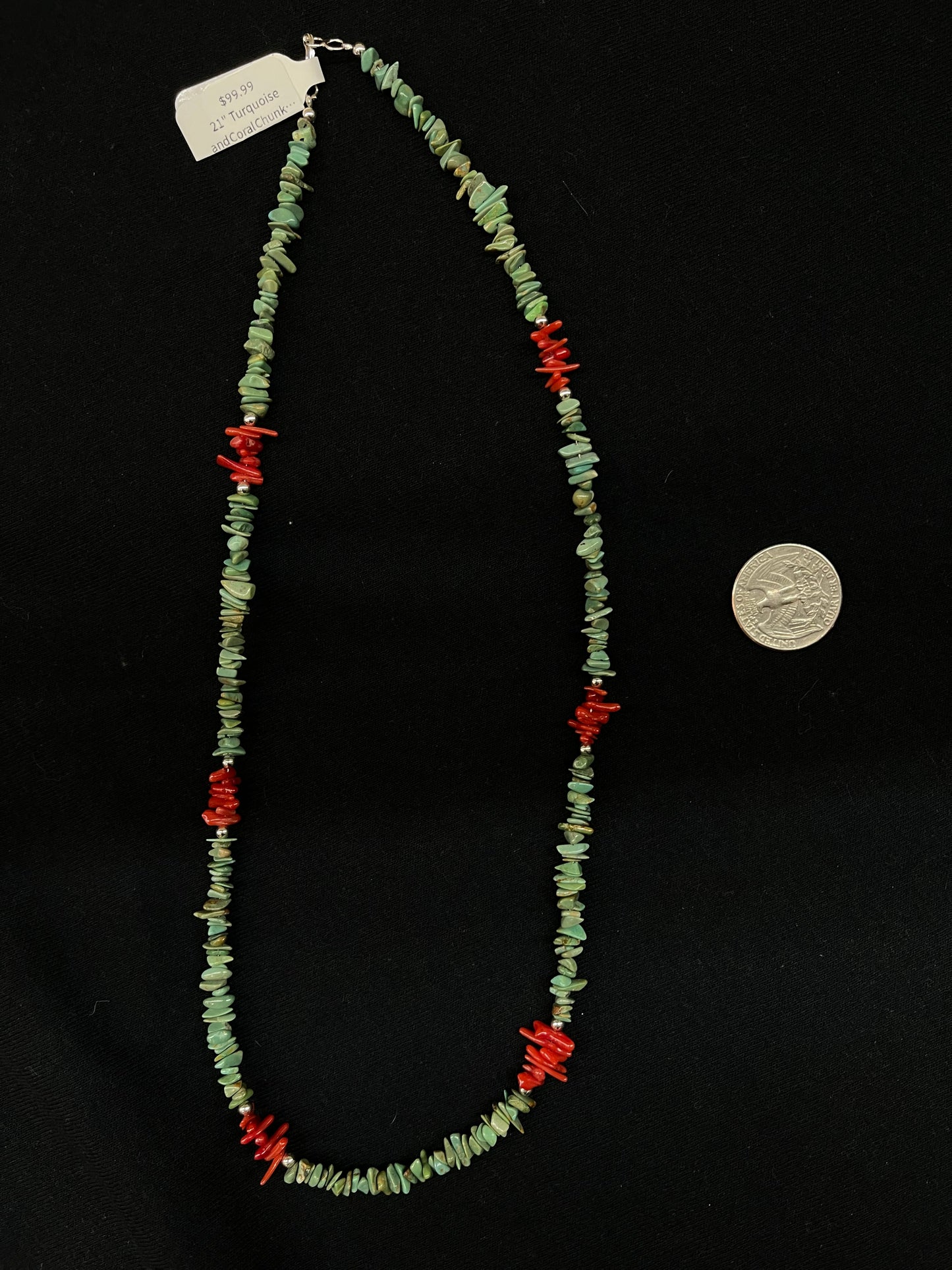 21" Turquoise and Coral Chunk Necklace