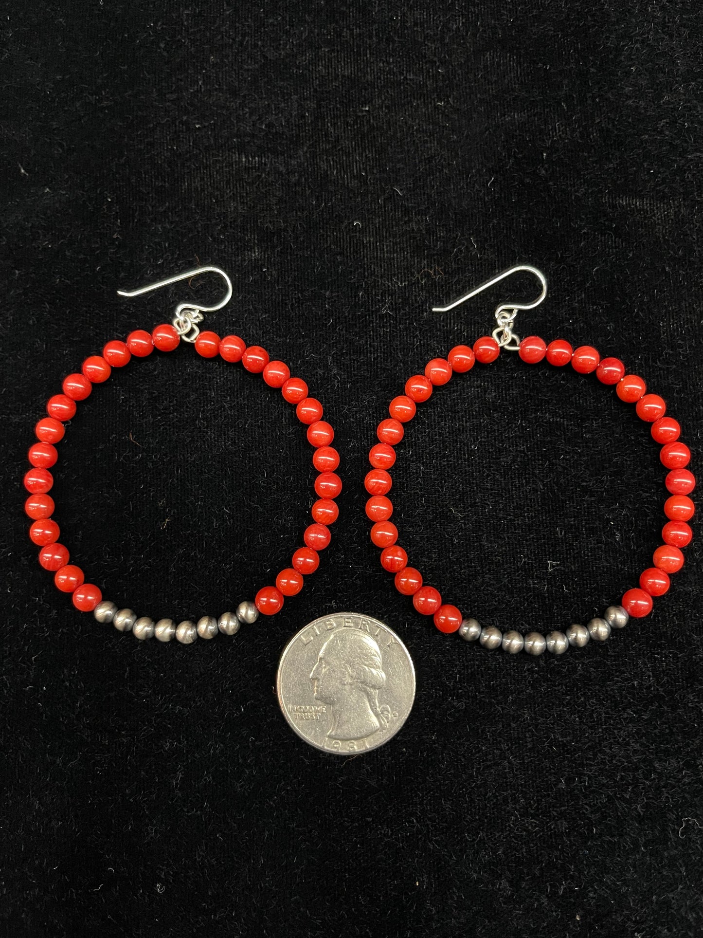 Red Coral and 4mm Navajo Pearl Hoop Dangle Earrings