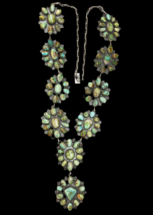 36" Sonoran Gold, Palomino and Royston Turquoise Cluster Lariat Necklace by Terrell Nez Sr., Navajo