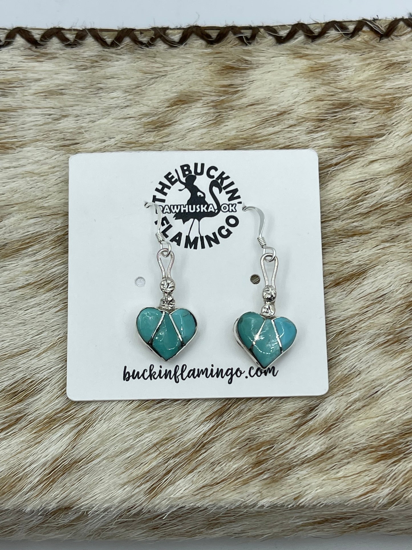 LOT 53 B 1/25    Inlaid Turquoise Heart Dangle Earrings by Ola Eriacho, Zuni