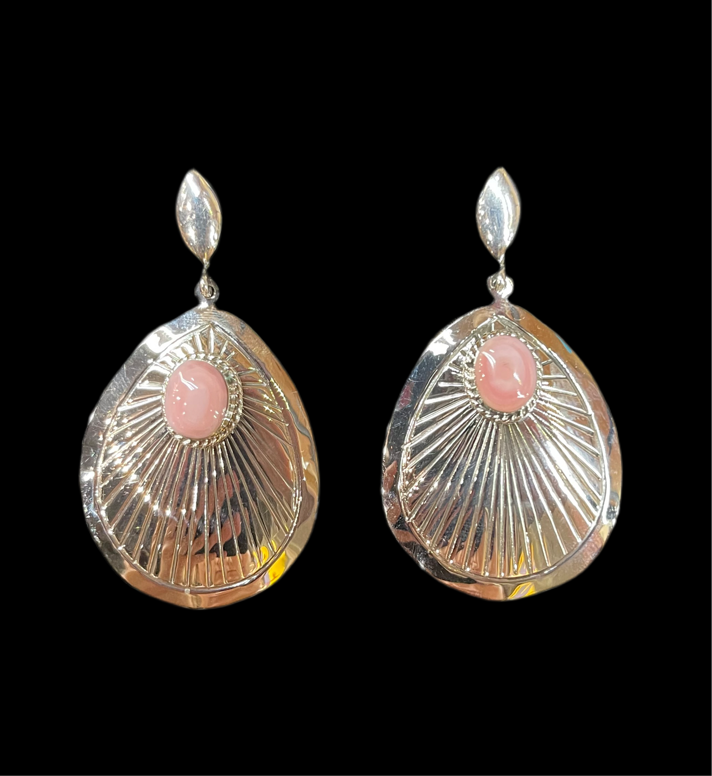 Stamped Concho Earrings with Pink Conch Shell made by Jennifer Cayaditto, Navajo