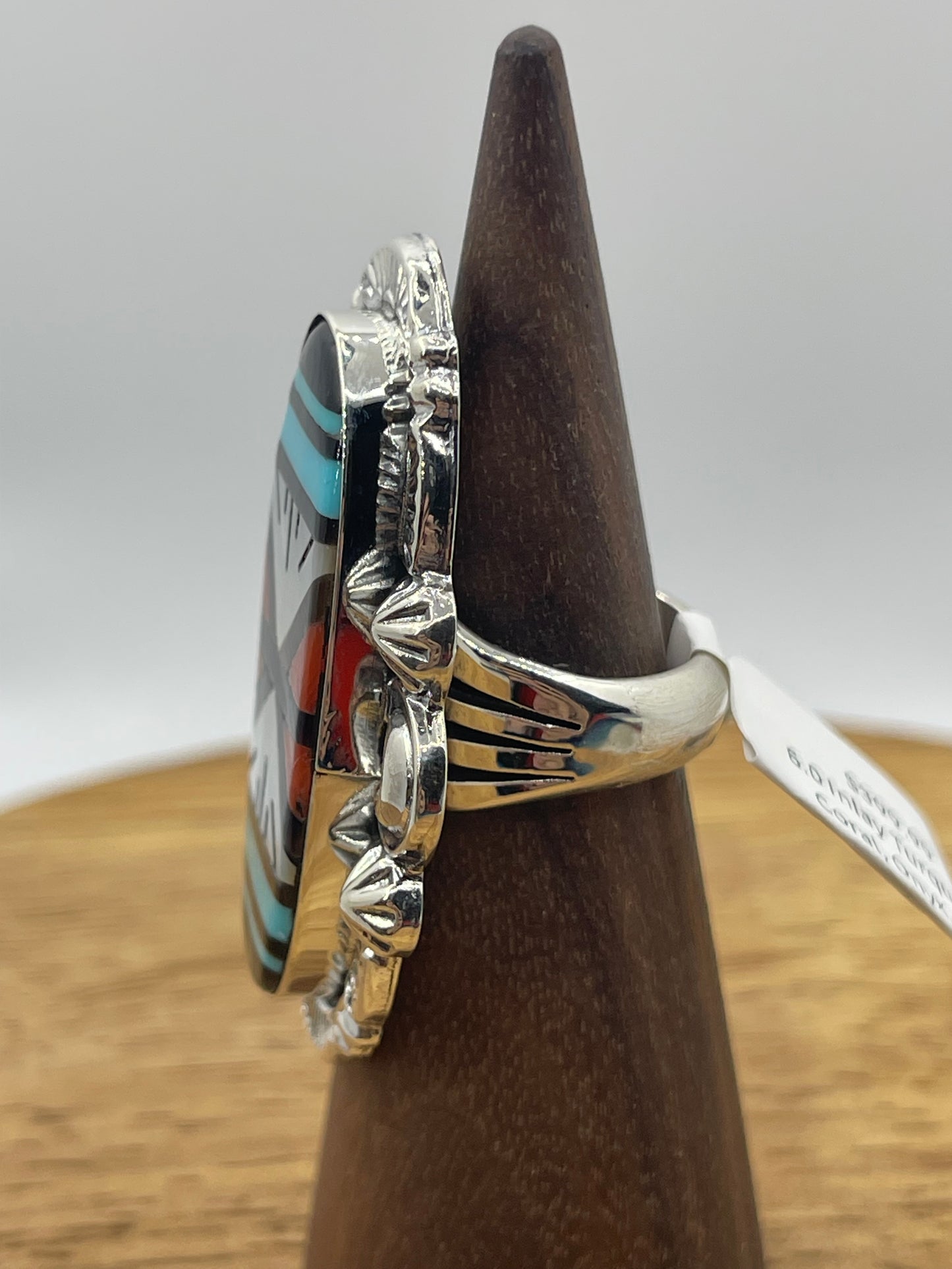 6.0 Inlay Turquoise, Coral, Onyx, and Pearl Ring by Leslie and Gladys Lamy, Zuni