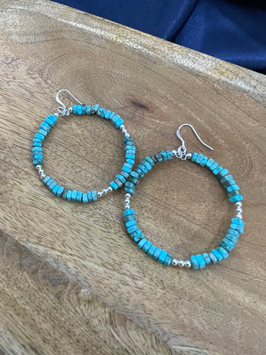 Square Bead Turquoise Hoop Earrings