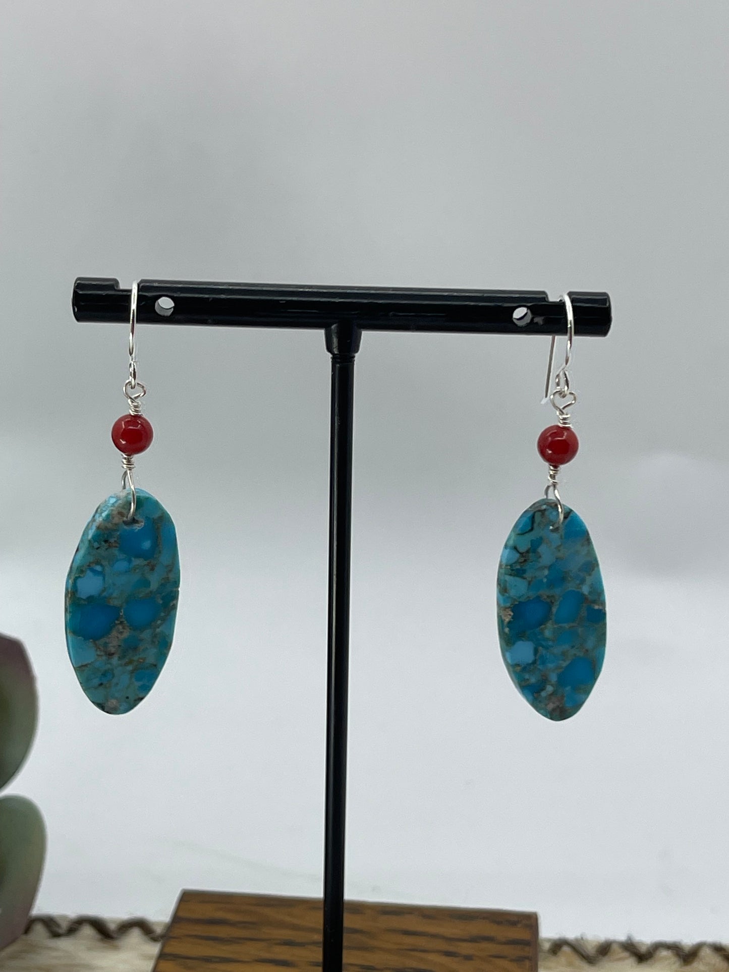 Turquoise and Red Coral Dangle Slab Earrings