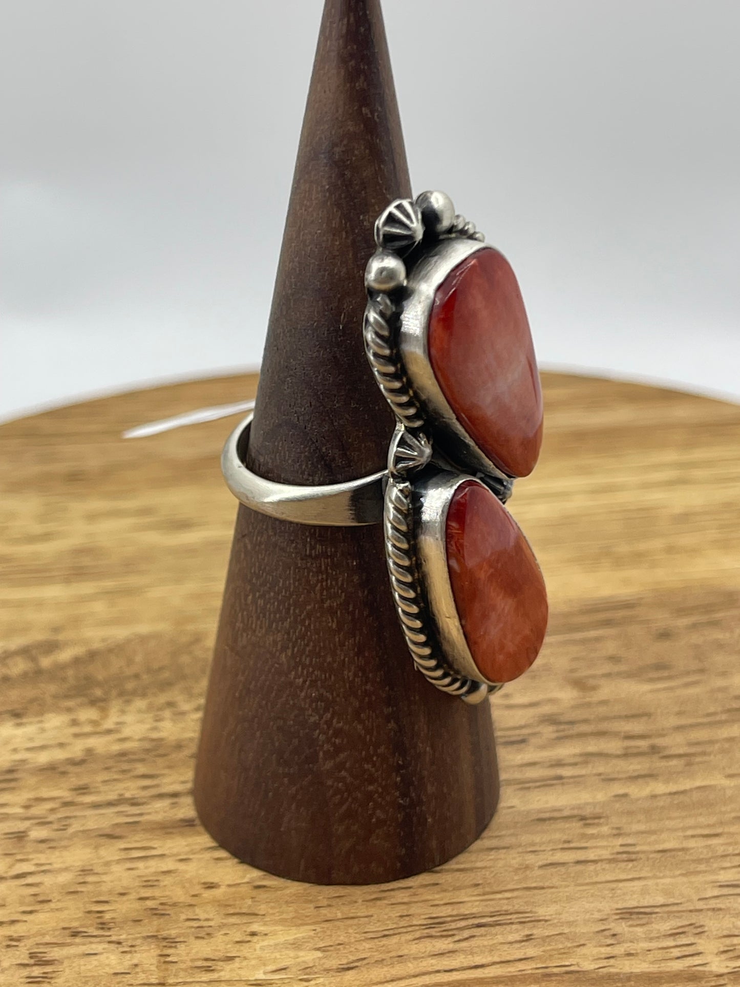 Adjustable 2 Stone Red Spiny Oyster Shell ring by Eugene Belone, Navajo