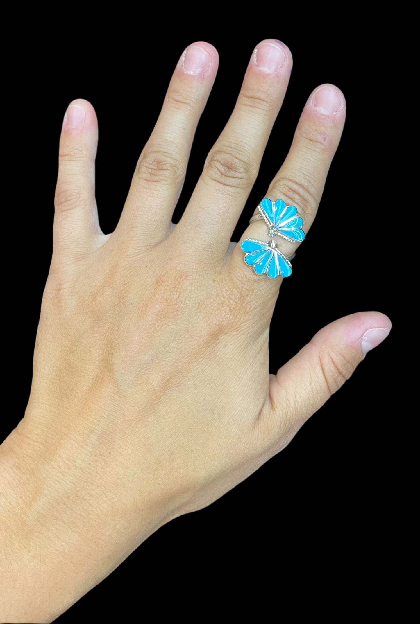 Sleeping Beauty Turquoise Inlay Adjustable Ring by RYN, Zuni