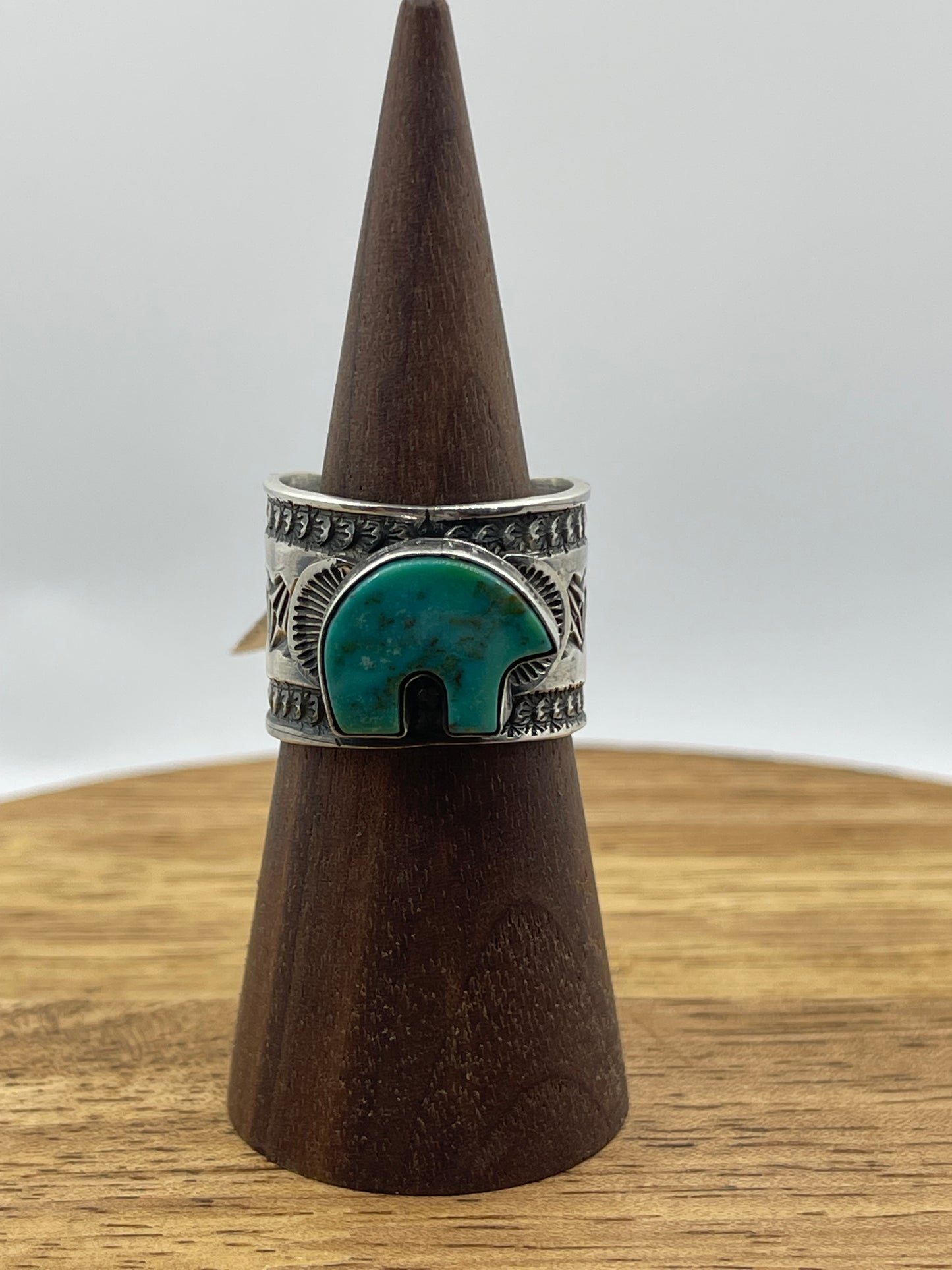 10.0 Turquoise Bear Stamped Ring by Sunshine Reeves, Navajo