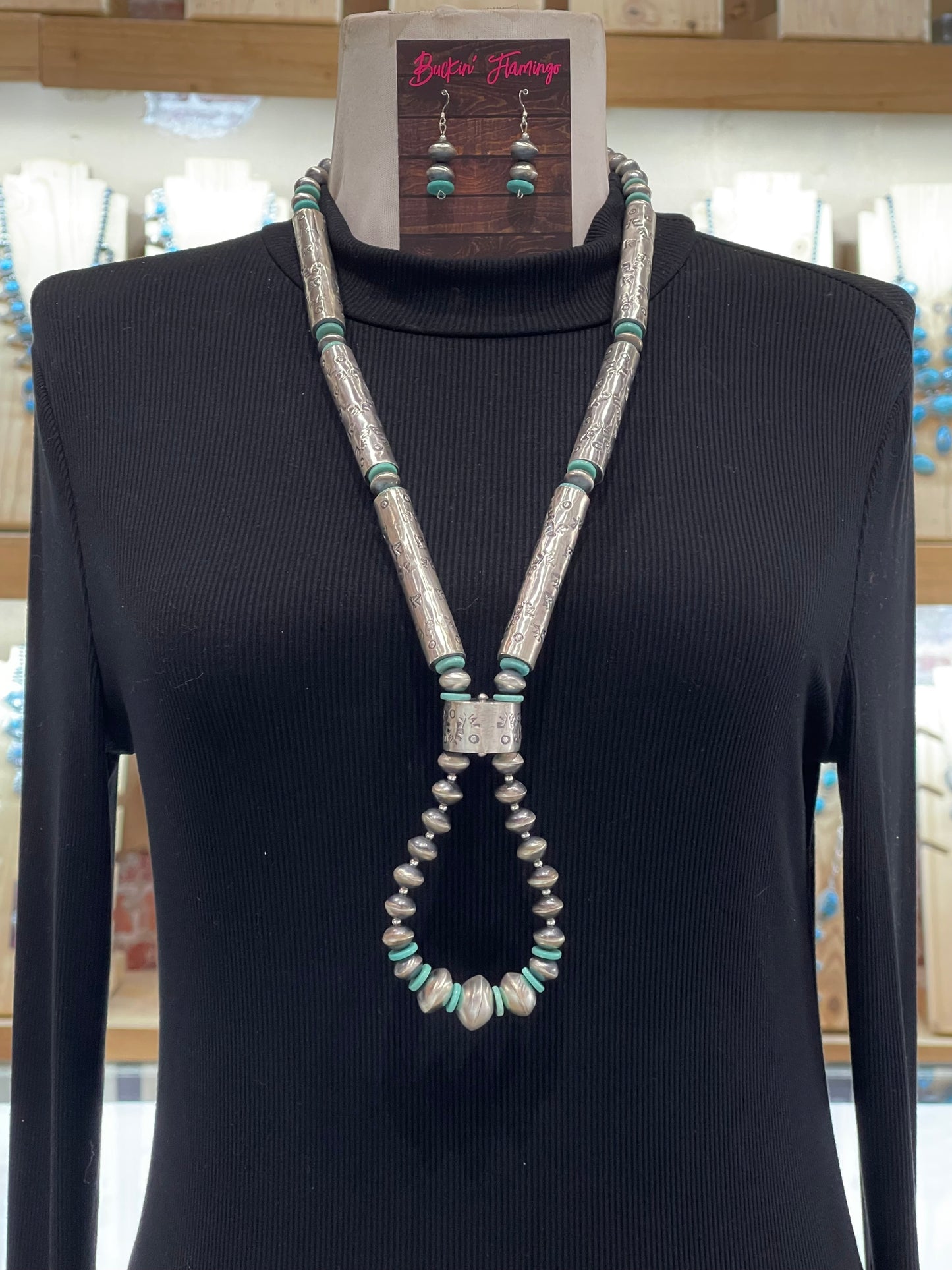 Handmade & Stamped Barrel Bead Navajo Pearls & Turquoise w/Jacla & Earrings by Kaylin Nakai, Navajo