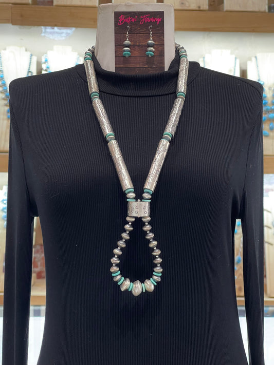 Handmade & Stamped Barrel Bead Navajo Pearls & Turquoise w/Jacla & Earrings by Kaylin Nakai, Navajo