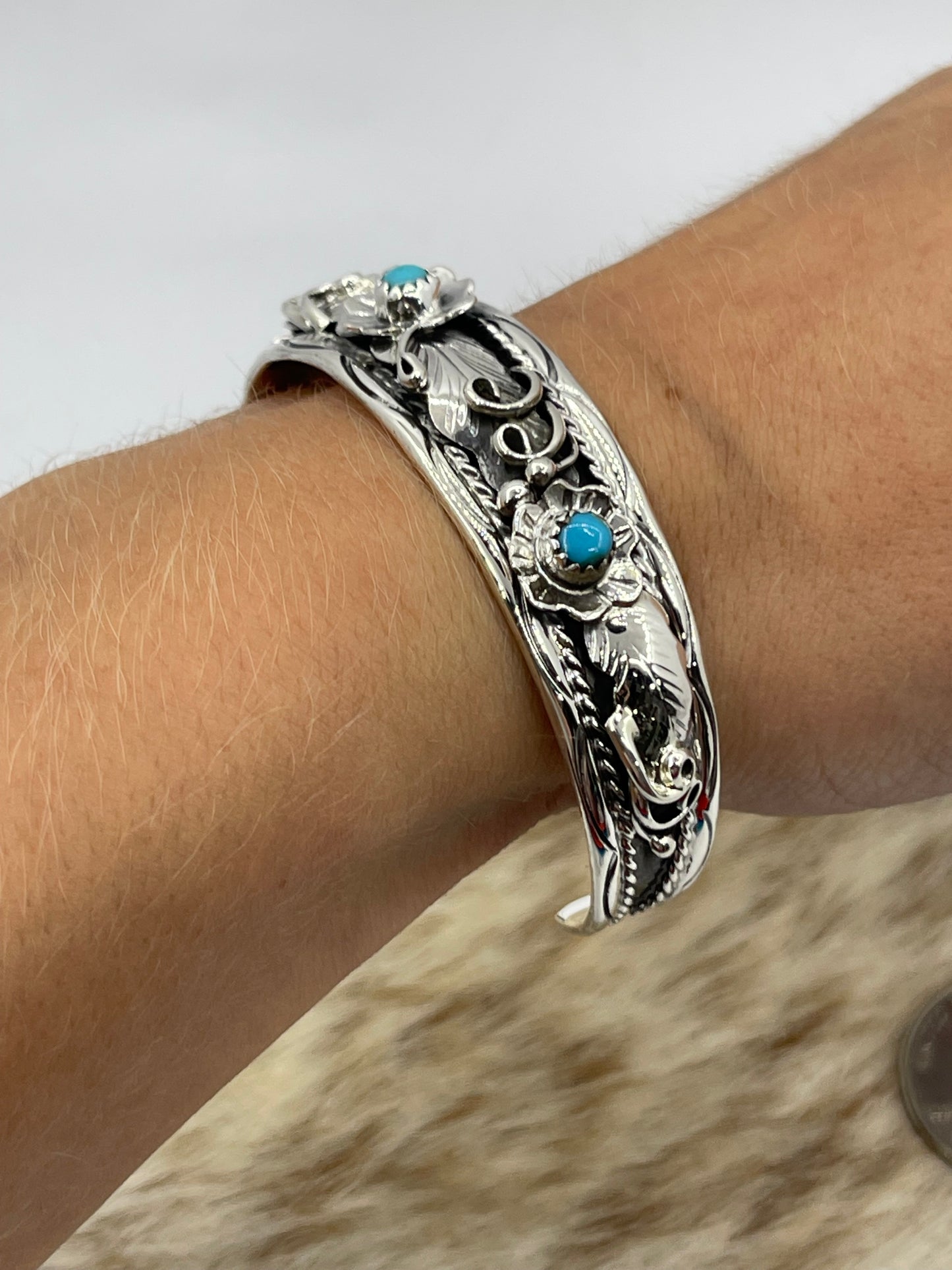 5 3/4"-7" Turquoise Floral Cuff by Bessie Joe, Navajo