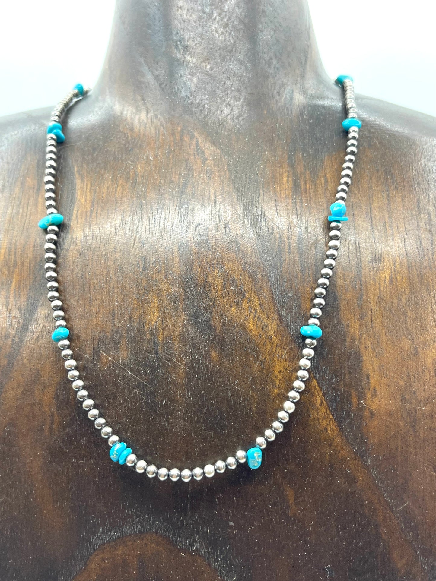 16" 3 mm Navajo Style Pearls with Turquoise Necklace