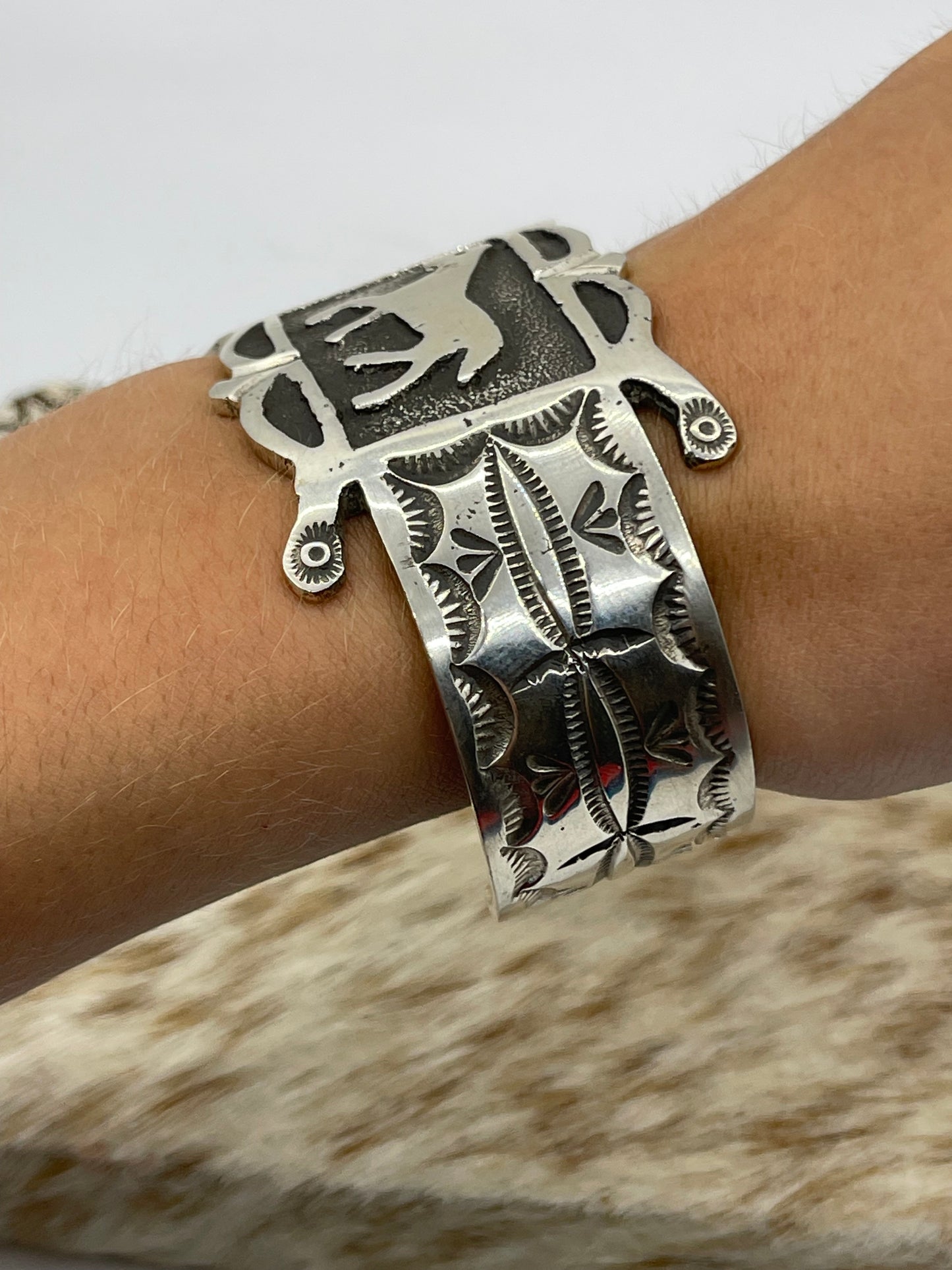 7" Heavy Silver Overlay Horse Cuff by Emerson Kinsel, Navajo