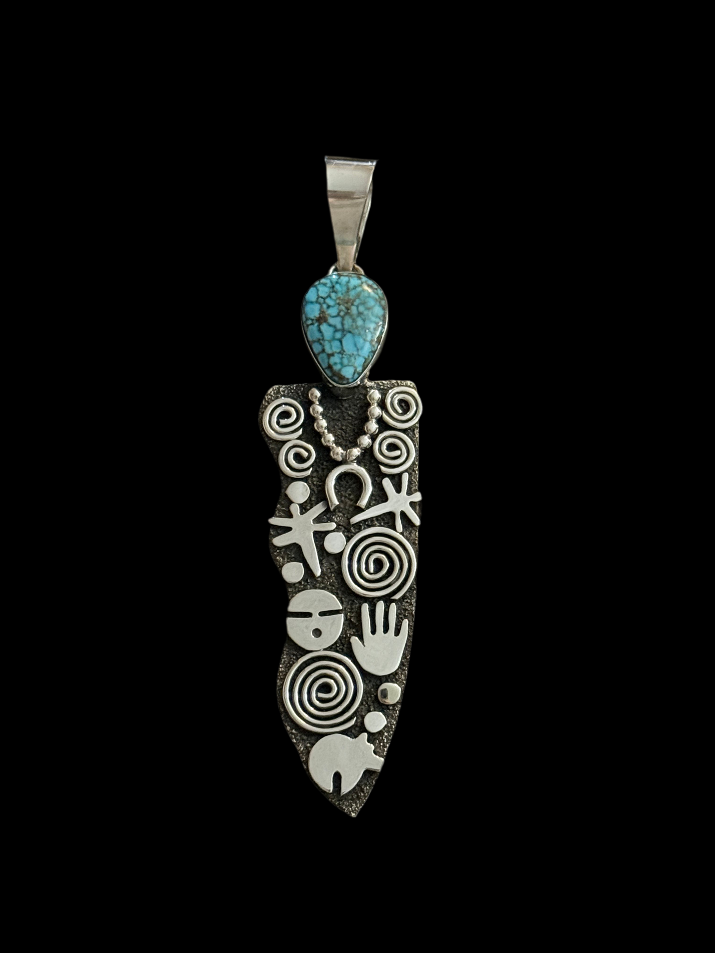 Grandma Petroglyph Pendant with Kingman Web Turquoise by Alex Sanchez, Navajo