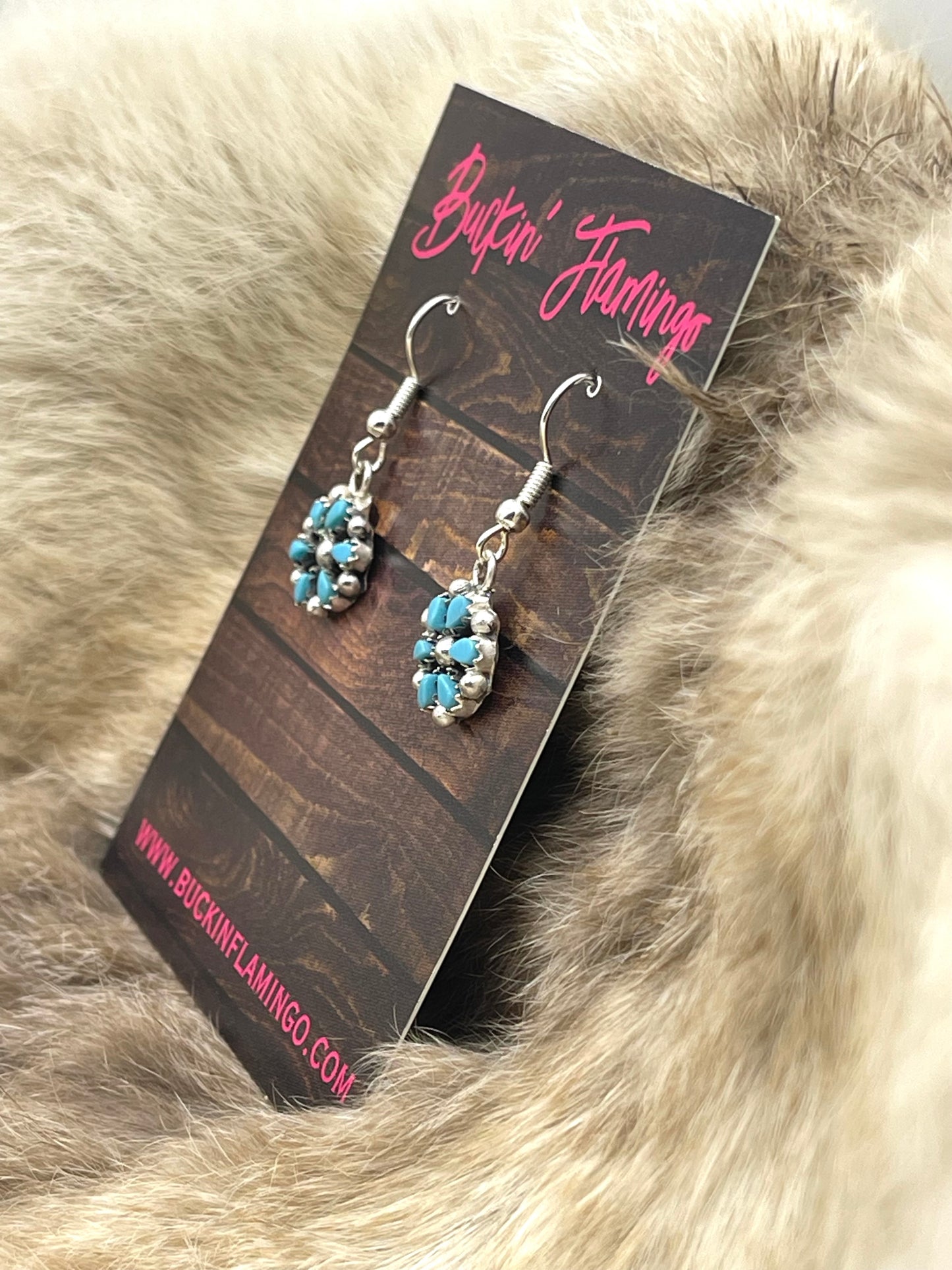 Dainty Flower Cluster Dangle Earrings w/ Turquoise by Tricia Leekity, Zuni